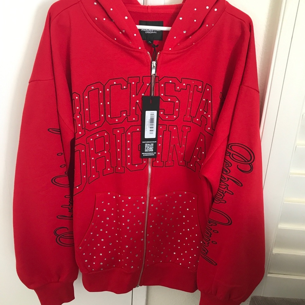 Rockstar Original Red Studded Zip Hoodie X-LARGE For Men